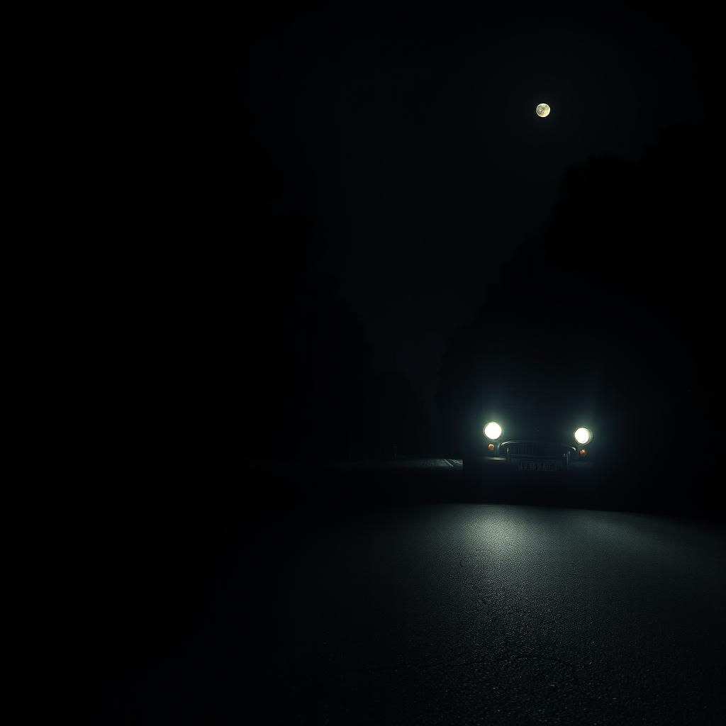 A deserted road at night, enveloped in darkness and surrounded by dark trees looming with threatening shadows