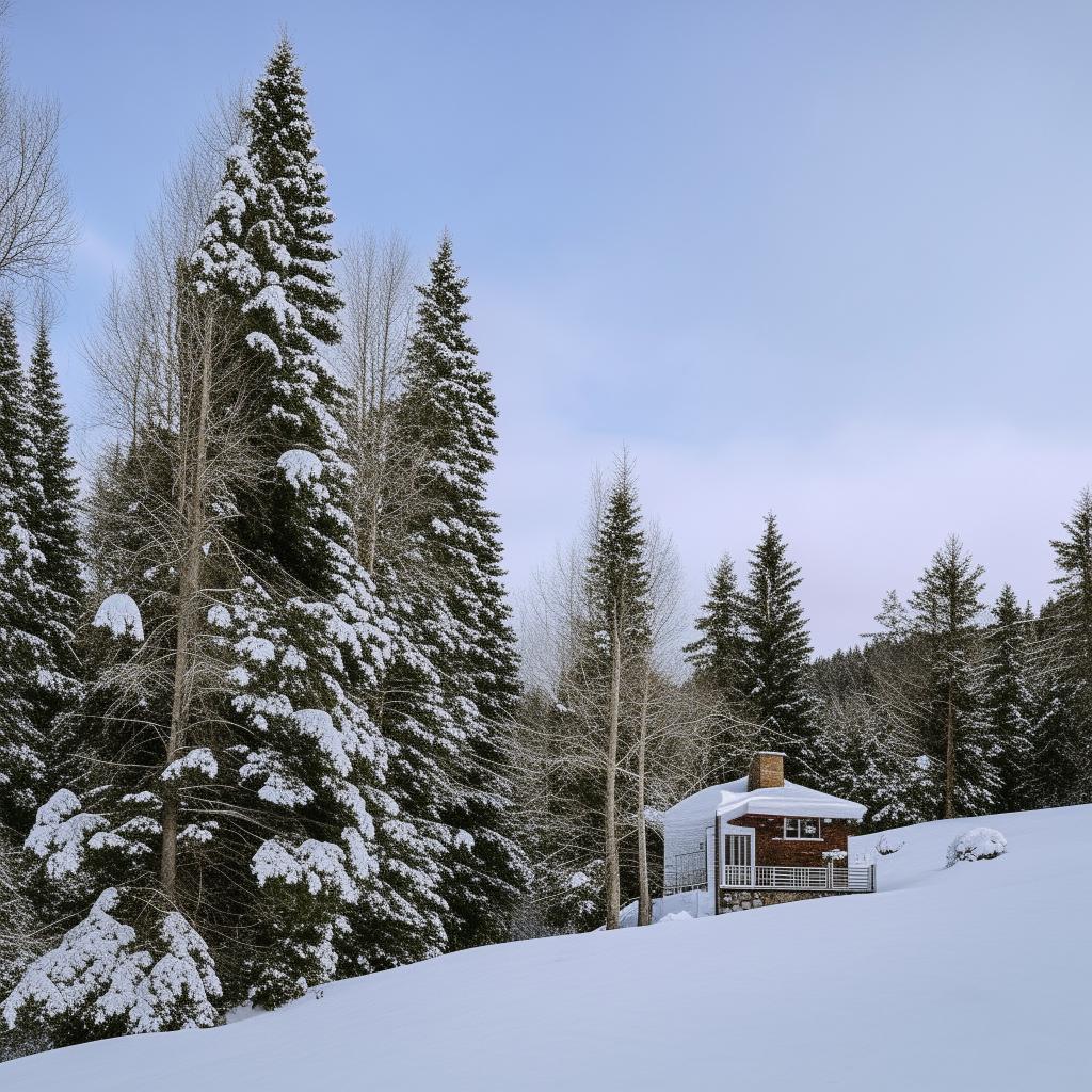 A picturesque house nestled in a snow covered landscape, captured with a cinematic quality