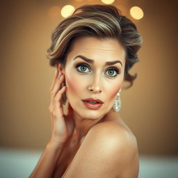 A beautiful 50-year-old woman with an astonished expression, facing directly towards the camera