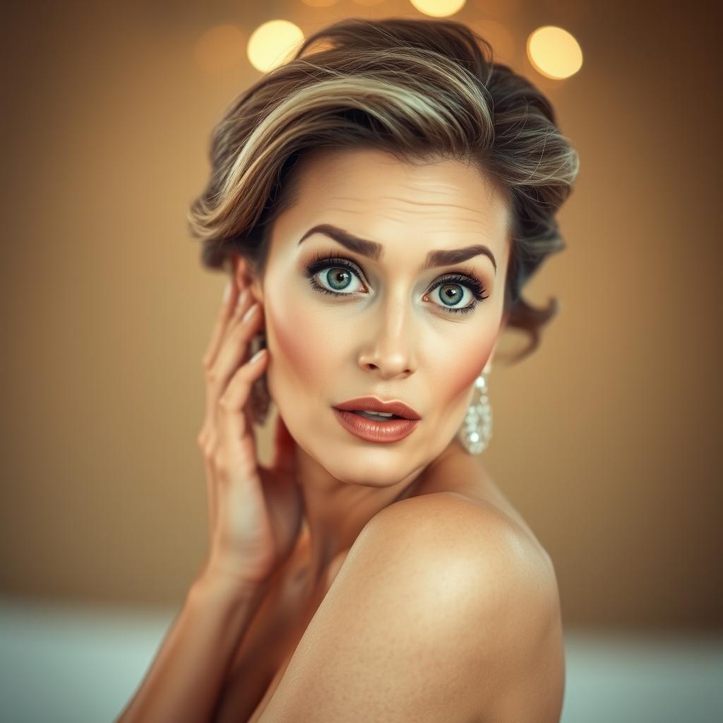 A beautiful 50-year-old woman with an astonished expression, facing directly towards the camera