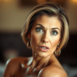 A beautiful 50-year-old woman with an astonished expression, facing directly towards the camera