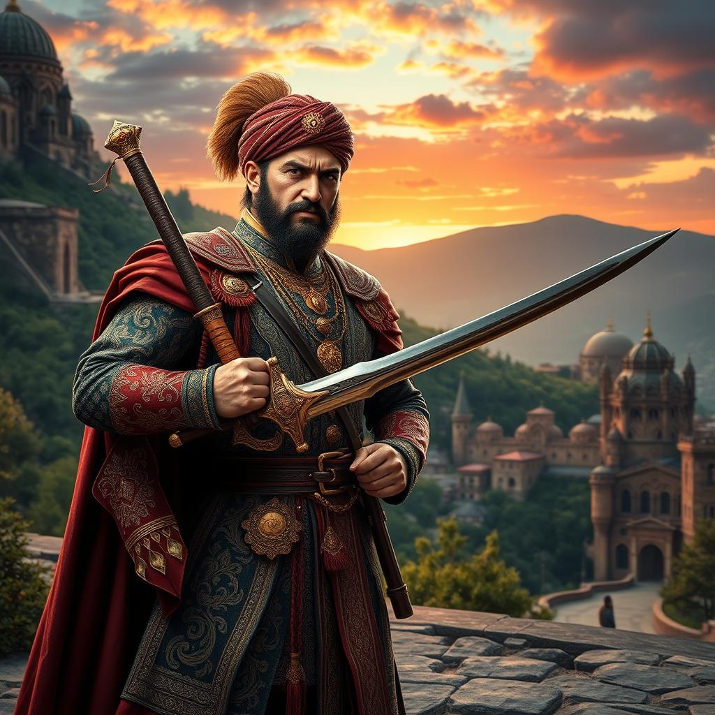 A heroic Turkish figure from the 1600s, dressed in detailed and ornate traditional Ottoman attire, adorned with intricate patterns and gold embellishments