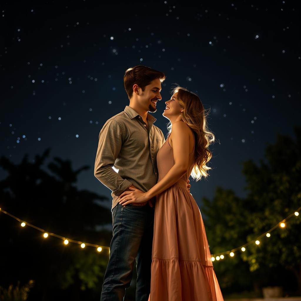 A romantic couple portrait under a starry night sky