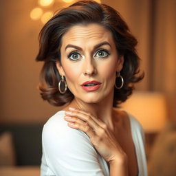 A beautiful 50-year-old woman with a surprised expression, facing directly toward the camera