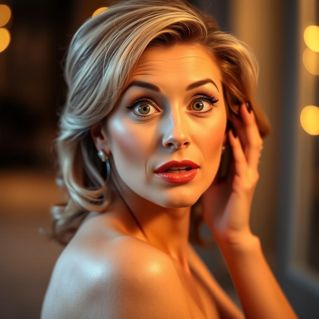A beautiful 50-year-old woman with a surprised expression, facing directly toward the camera