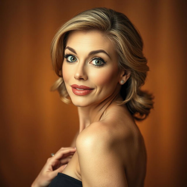 A beautiful 50-year-old woman with a surprised expression, facing directly toward the camera