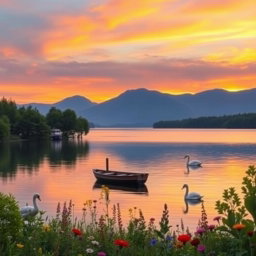A serene landscape at sunset, featuring a tranquil lake reflecting the vibrant colors of the sky