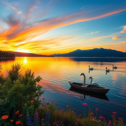 A serene landscape at sunset, featuring a tranquil lake reflecting the vibrant colors of the sky
