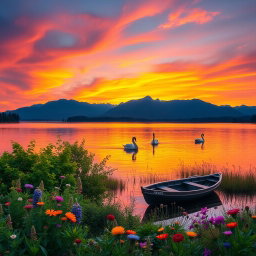 A serene landscape at sunset, featuring a tranquil lake reflecting the vibrant colors of the sky
