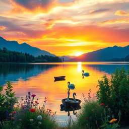 A serene landscape at sunset, featuring a tranquil lake reflecting the vibrant colors of the sky