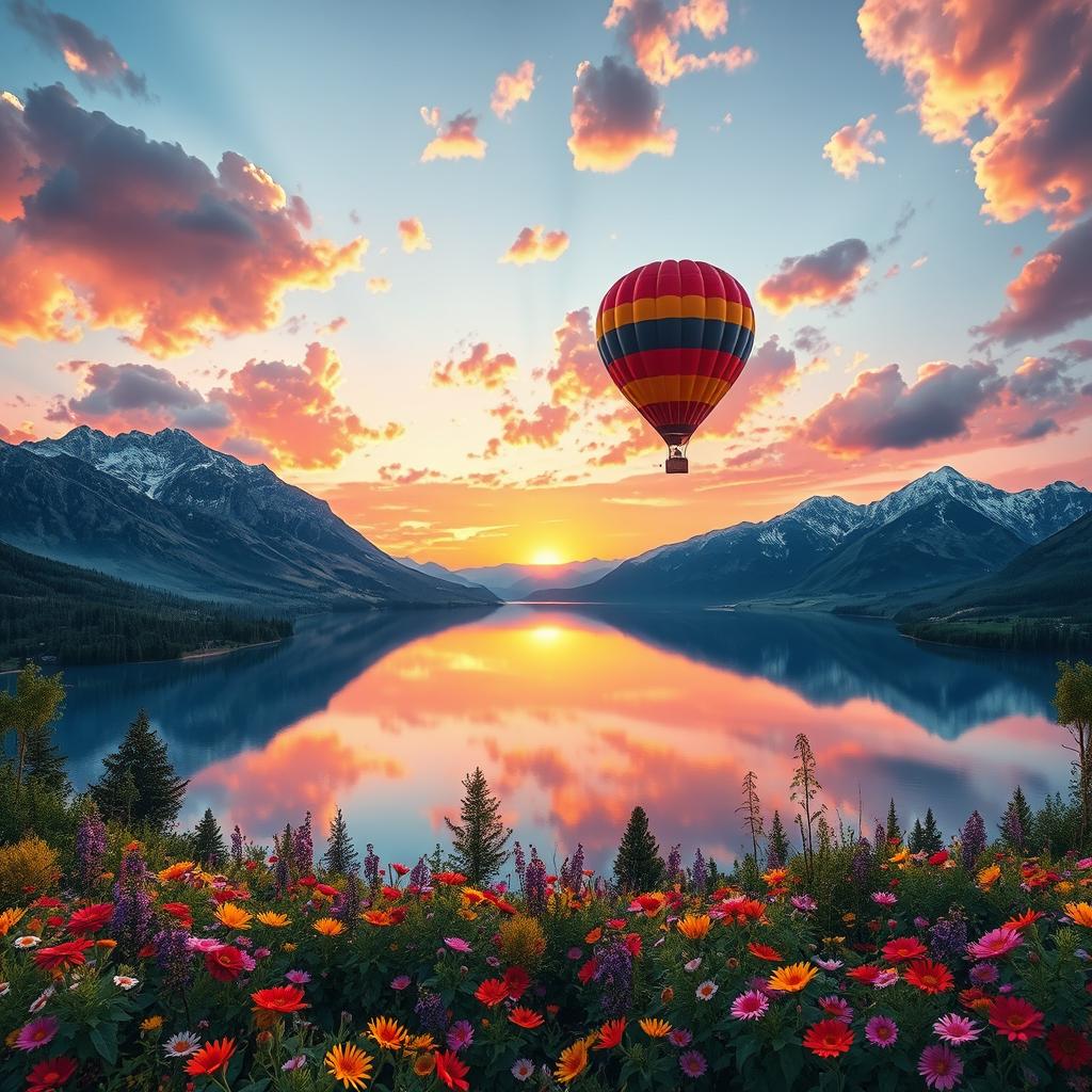 A vibrant fantasy landscape featuring a majestic crystal clear lake reflecting the hues of a sunset