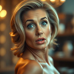 A stunning 50-year-old woman with an expression of surprise, facing directly toward the camera