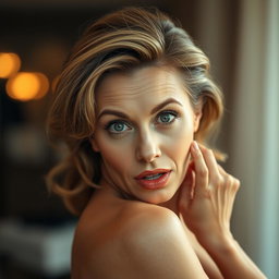 A stunning 50-year-old woman with an expression of surprise, facing directly toward the camera