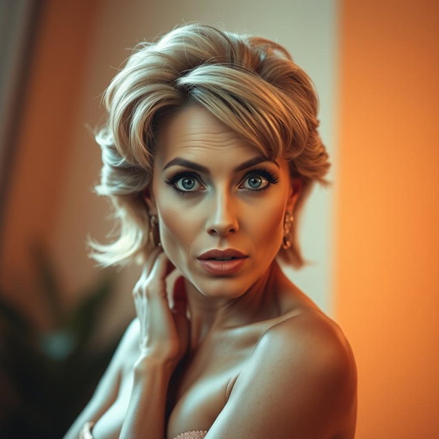 A stunning 50-year-old woman with an expression of surprise, facing directly toward the camera