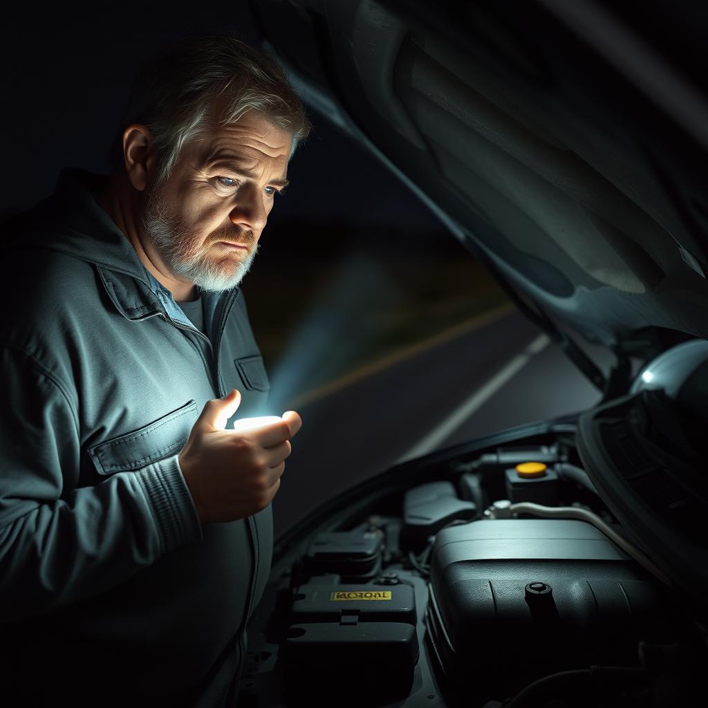 A middle-aged man with a worried expression is examining the engine of a broken car