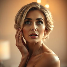 A stunning 50-year-old woman with a surprised expression, facing directly at the camera