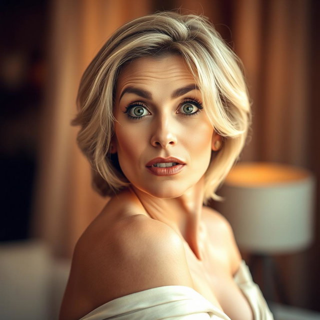 A stunning 50-year-old woman with a surprised expression, facing directly at the camera