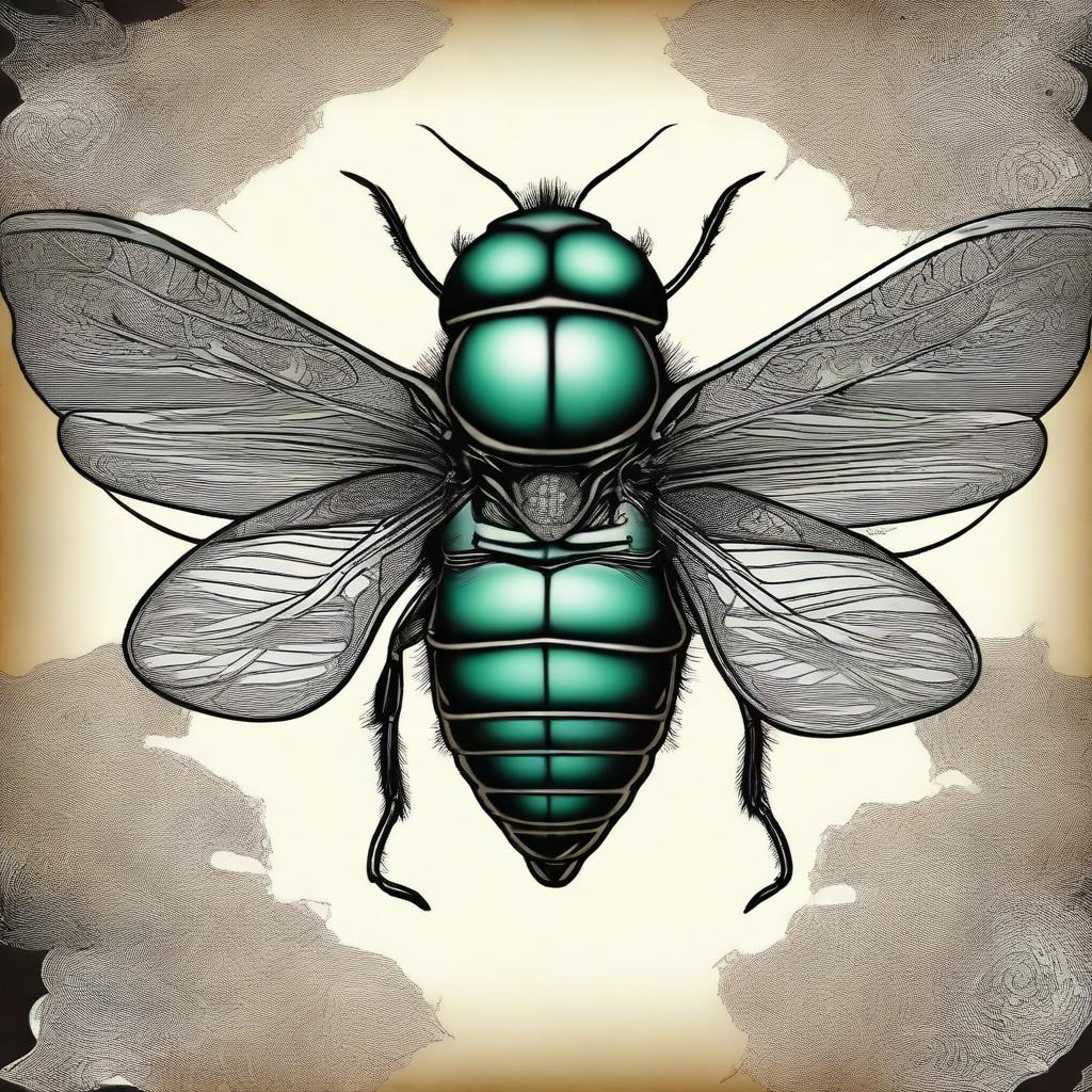A high-quality digital art image depicting a unique scene: a fly, drawn in an intricate, detailed manner with a samurai armor