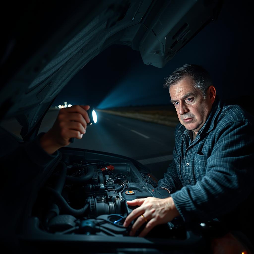 A middle-aged man with a worried expression is examining the engine of a broken car