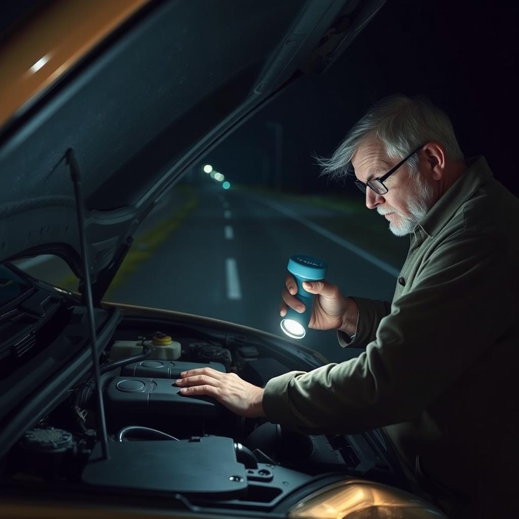 A middle-aged man with a concerned expression examines the broken engine of a car