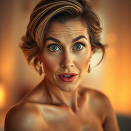 A gorgeous 50-year-old woman with a surprised expression, confidently facing the camera
