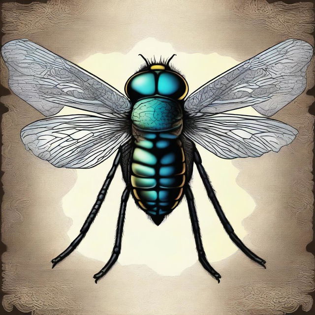 A high-quality digital art image depicting a unique scene: a fly, drawn in an intricate, detailed manner with a samurai armor
