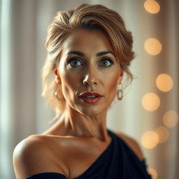A gorgeous 50-year-old woman with a surprised expression, confidently facing the camera
