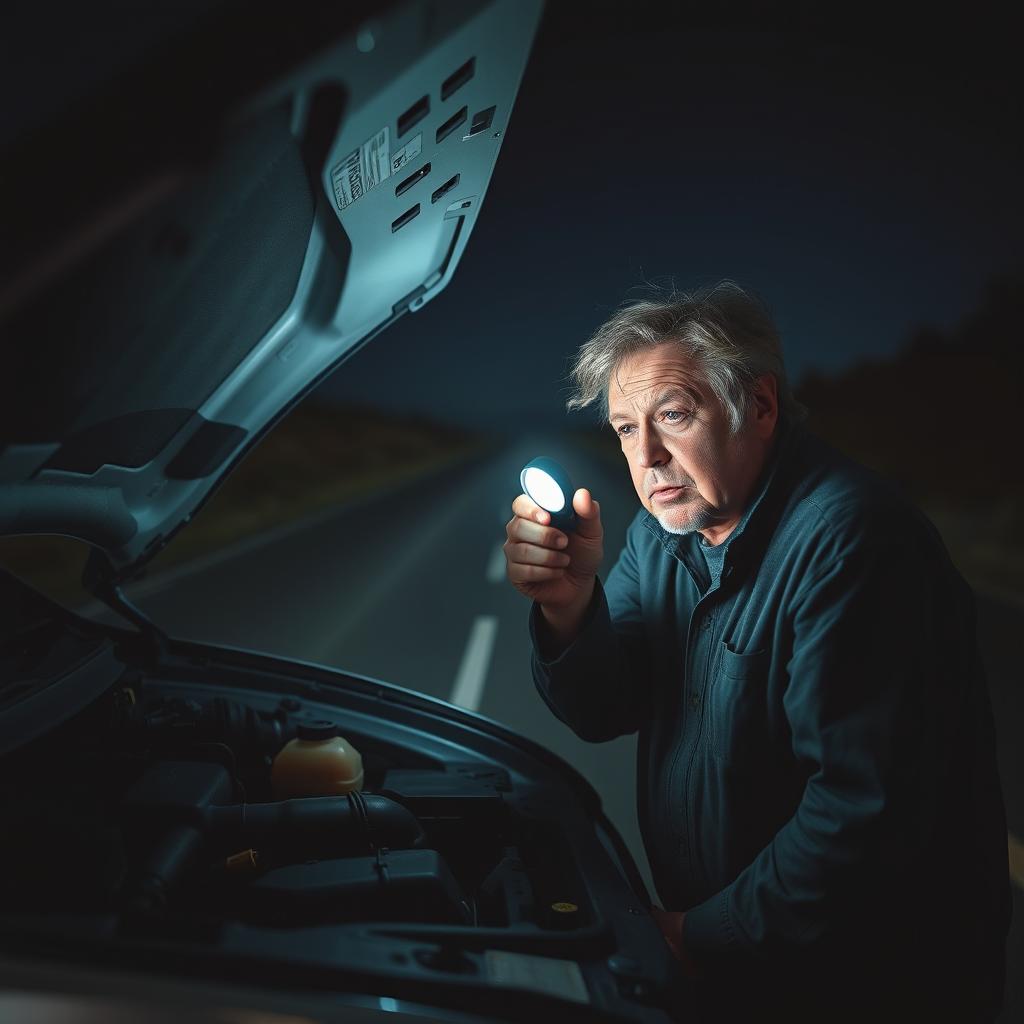 A middle-aged man with a worried expression inspects the engine of a broken-down car
