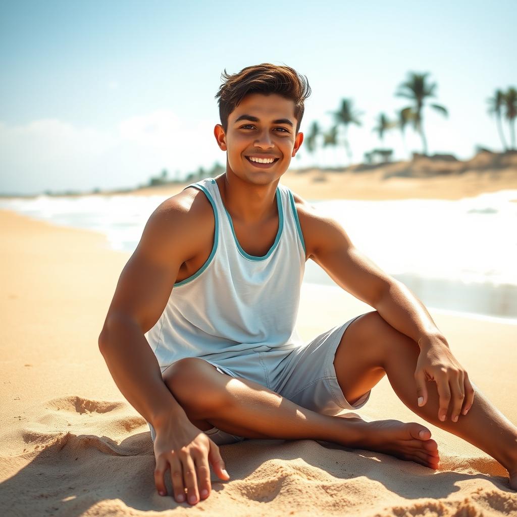 A 20-year-old Mexican heartthrob confidently posing in a stylish tank top and casual shorts, showcasing his athletic build