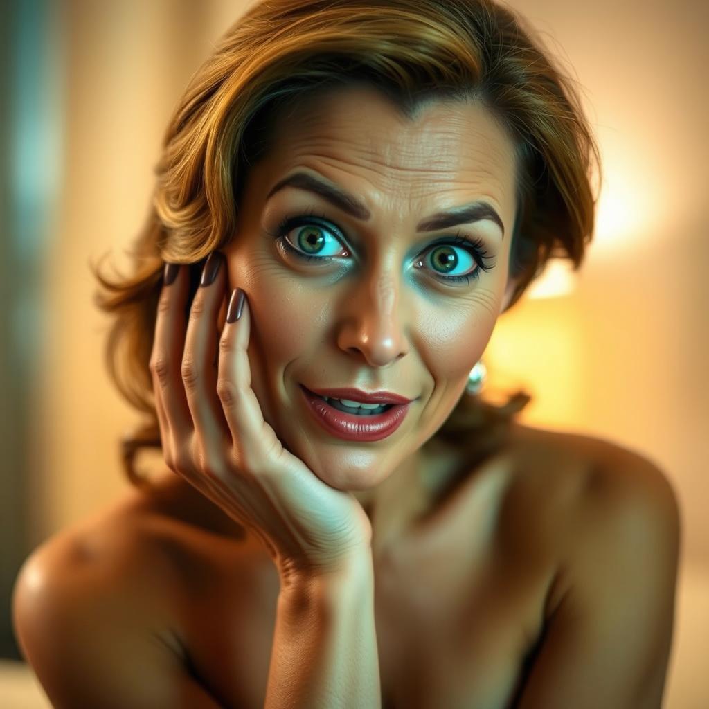 A beautiful 50-year-old woman displaying a surprised expression, looking directly at the camera