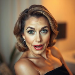 A beautiful 50-year-old woman displaying a surprised expression, looking directly at the camera