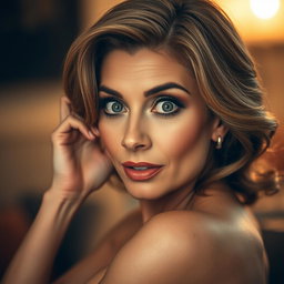 A beautiful 50-year-old woman displaying a surprised expression, looking directly at the camera