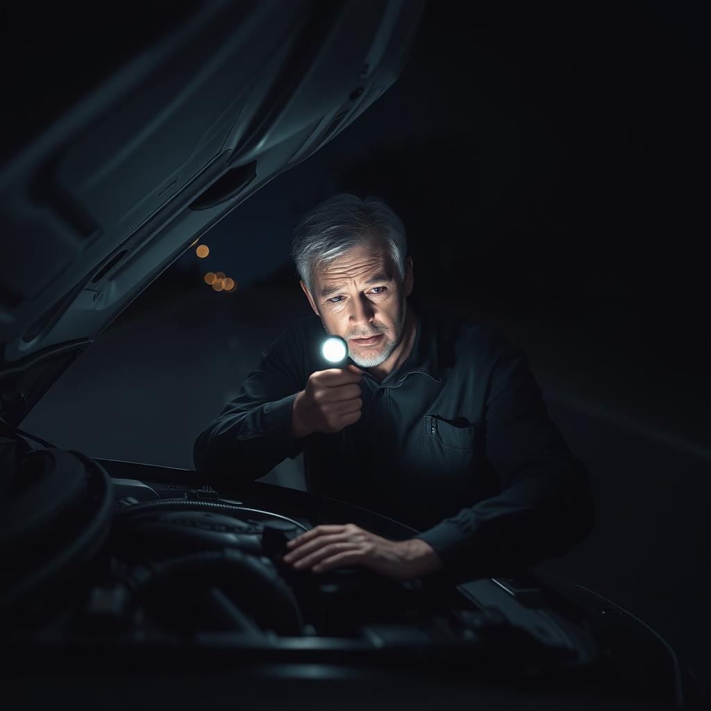 A middle-aged man with a worried expression inspects the engine of a broken car