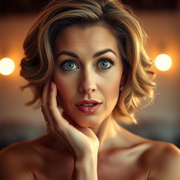 A stunning 50-year-old woman with a surprised expression, facing the camera directly