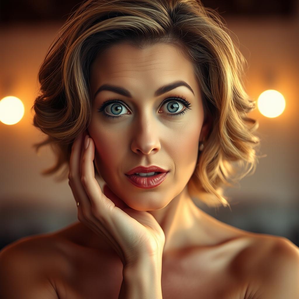A stunning 50-year-old woman with a surprised expression, facing the camera directly