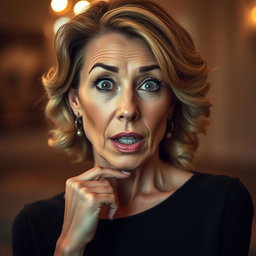 A stunning 50-year-old woman with a surprised expression, facing the camera directly