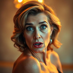A stunning 50-year-old woman with a surprised expression, facing the camera directly