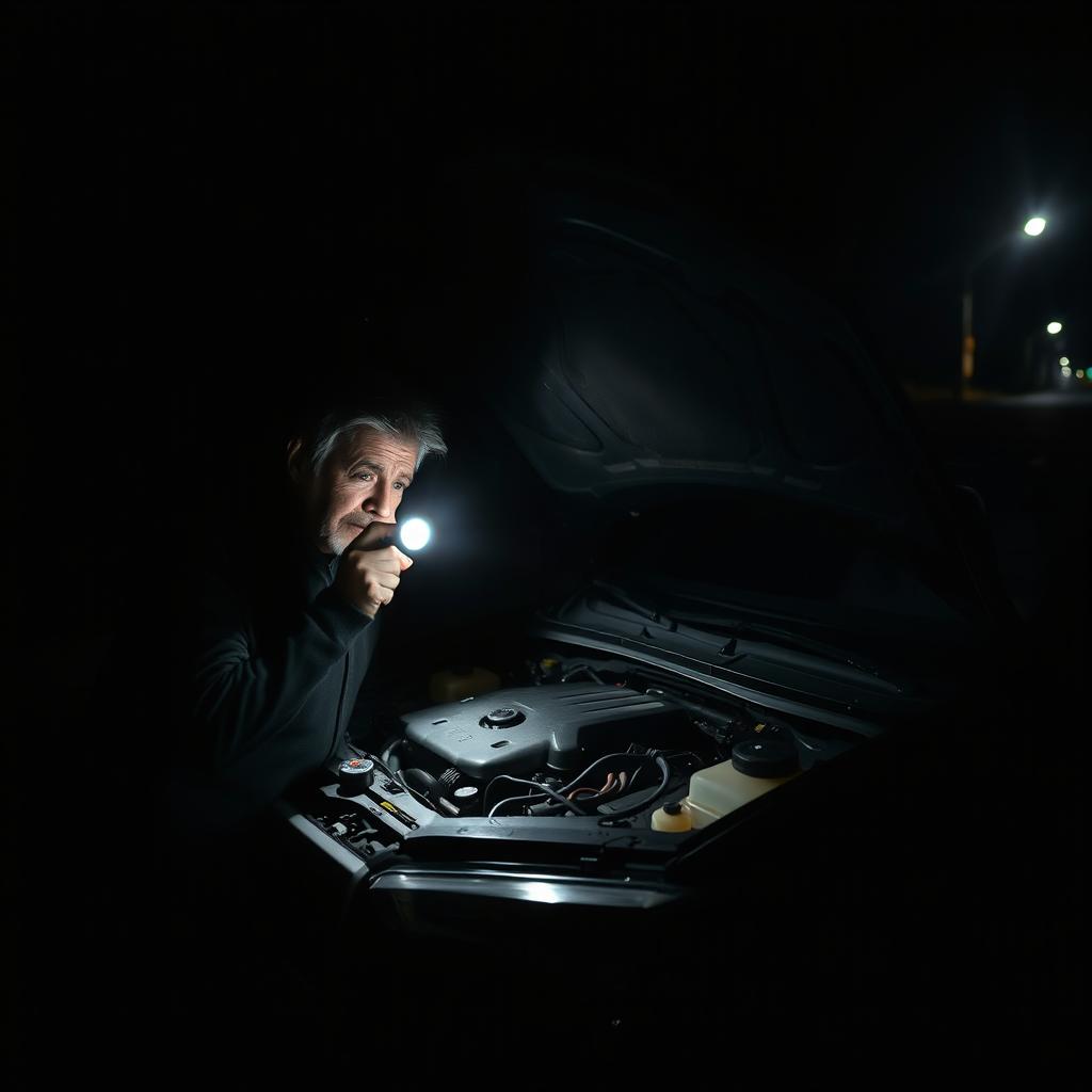 A middle-aged man with a worried expression inspects the engine of a broken car in the complete darkness of the road