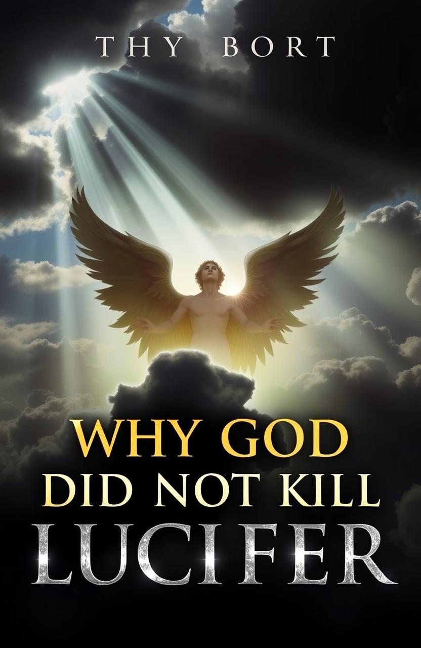 A striking book cover titled 'Why God Did Not Kill Lucifer', featuring a dramatic and ethereal background that symbolizes the celestial realm