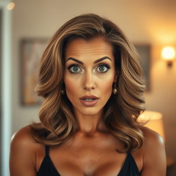 A gorgeous 50-year-old woman with a surprised expression, facing the camera directly