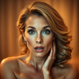 A gorgeous 50-year-old woman with a surprised expression, facing the camera directly