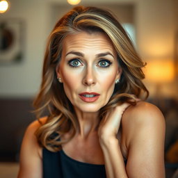 A gorgeous 50-year-old woman with a surprised expression, facing the camera directly