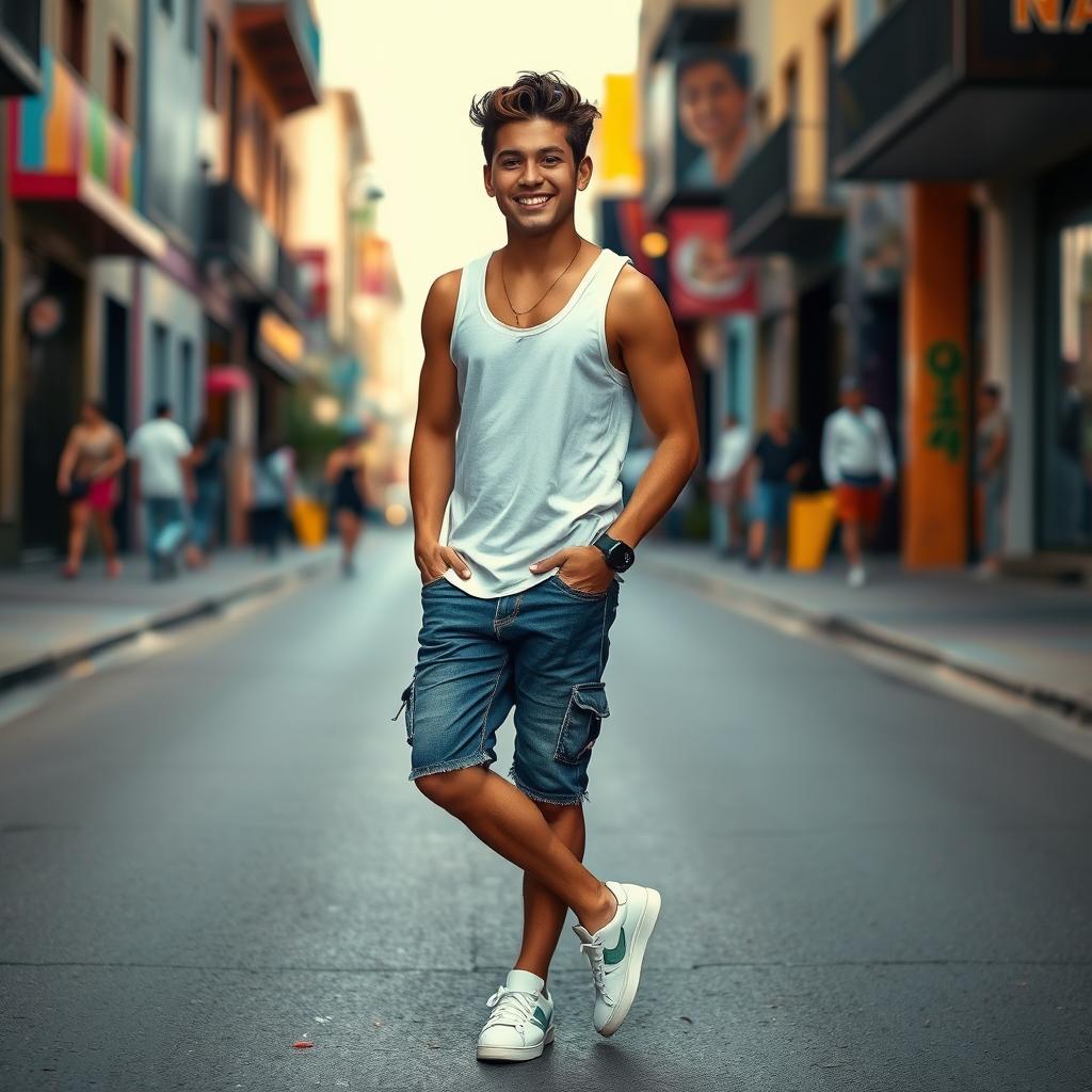 A 20-year-old Mexican heartthrob standing confidently, dressed in a fashionable tank top, casual shorts, and trendy sneakers