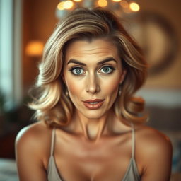 A gorgeous 50-year-old woman with a surprised expression, directly facing the camera