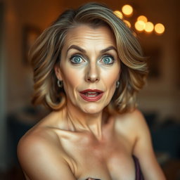 A gorgeous 50-year-old woman with a surprised expression, directly facing the camera