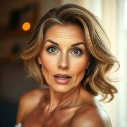 A gorgeous 50-year-old woman with a surprised expression, directly facing the camera