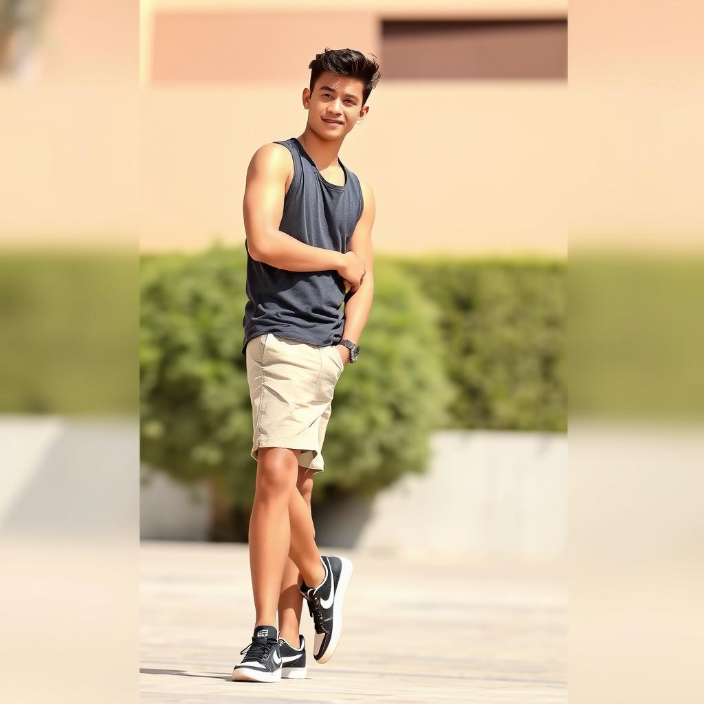 A 20-year-old Mexican heartthrob standing confidently, wearing a stylish tank top and casual shorts, complemented by trendy sneakers