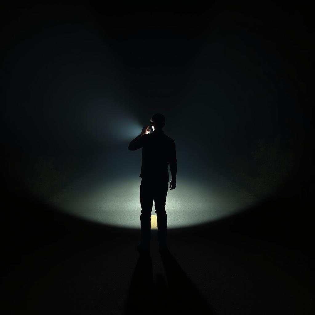 The darkness envelops a desolate road as a man turns around, pointing his flashlight into the shadows
