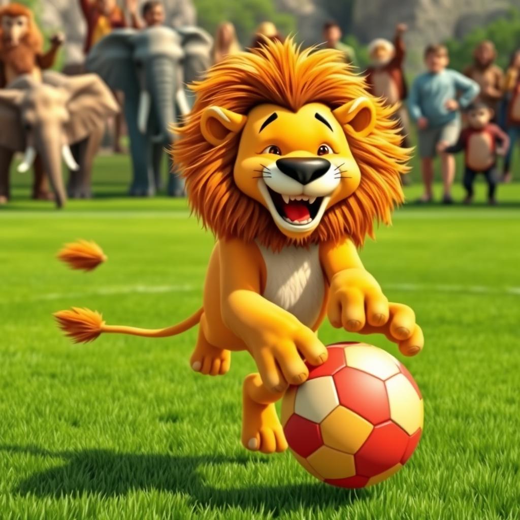 A playful lion in a vibrant green football field, energetically dribbling a bright, colorful soccer ball with its paws