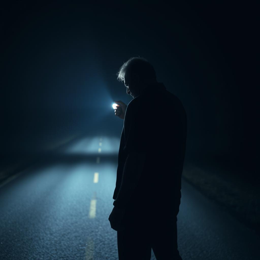 The darkness envelops a desolate road as a middle-aged man turns around, pointing his flashlight into the shadows
